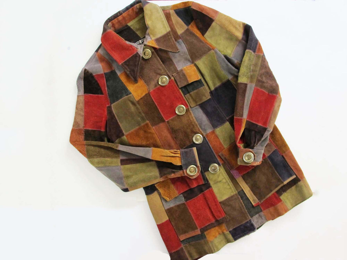 Vintage 60s Leather Patchwork Jacket S - 1960s Colorful Patch Suede Wo