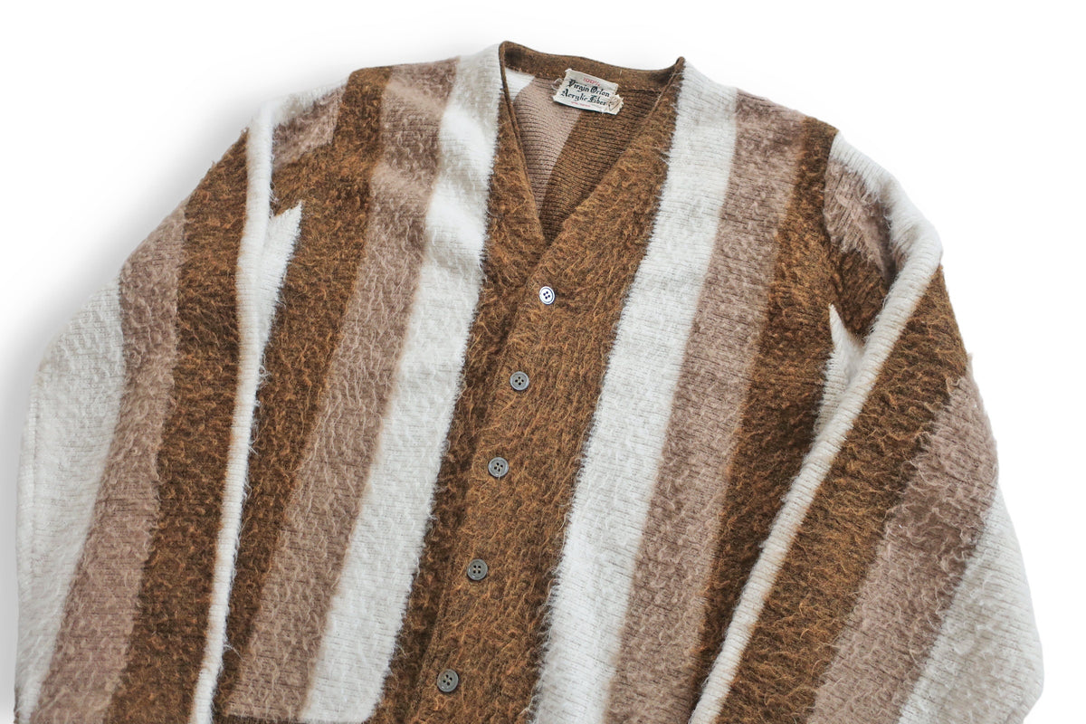 vintage fuzzy cardigan / striped cardigan / 1960s brown striped acryli