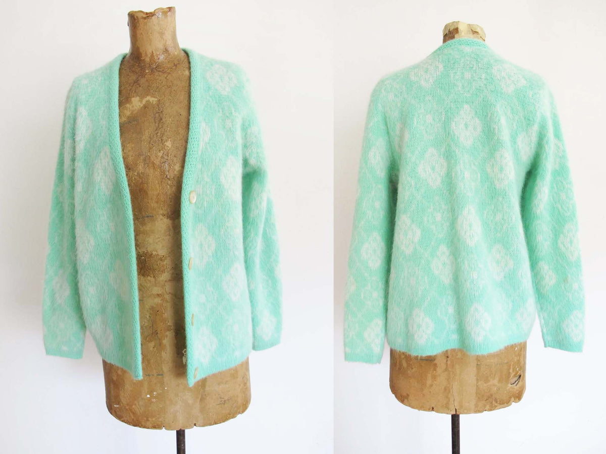 Vintage 60s Womens Mohair Cardigan XS S - 1960s Seafoam GreenWhite