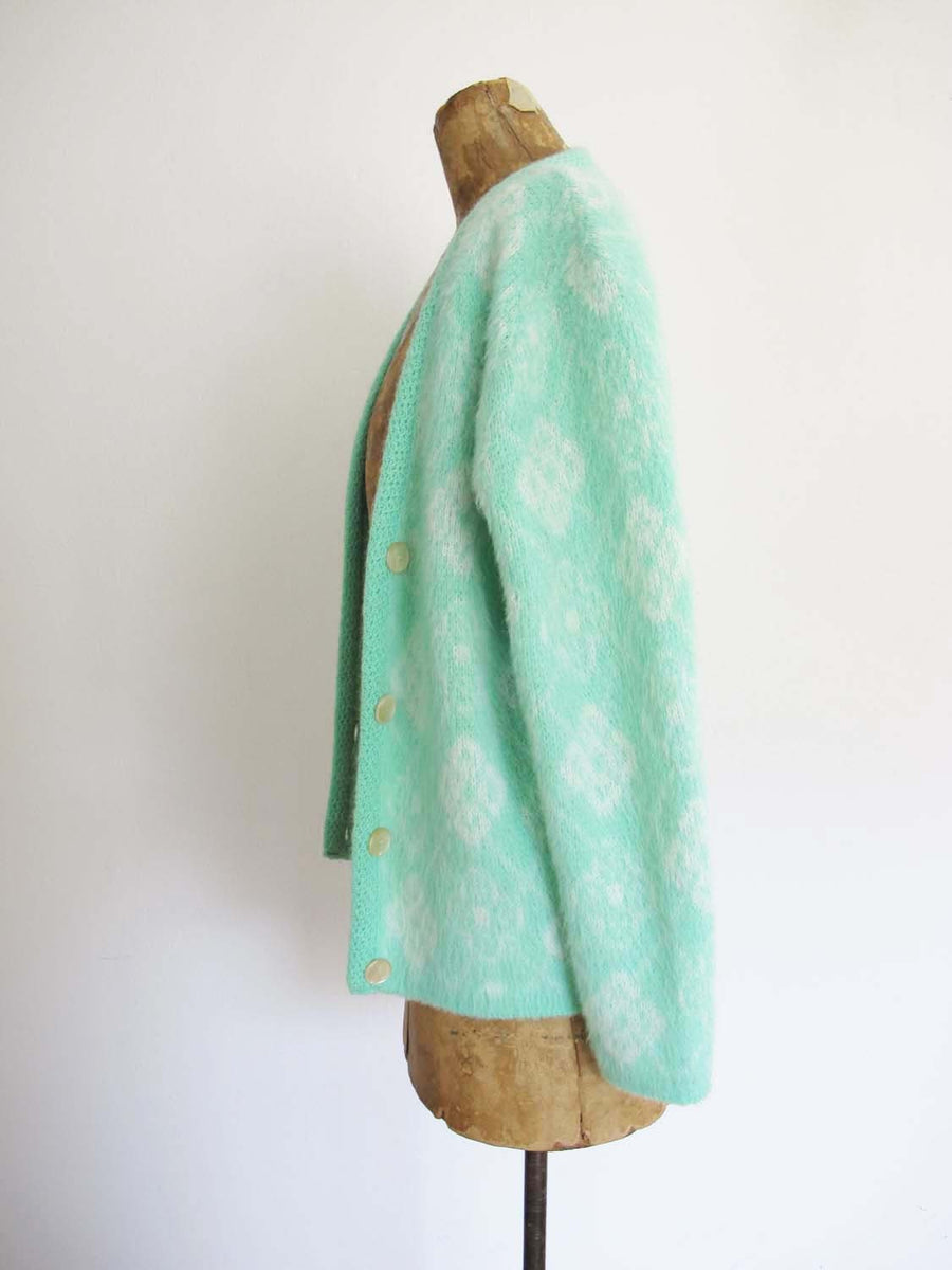 Vintage 60s Womens Mohair Cardigan XS S - 1960s Seafoam GreenWhite