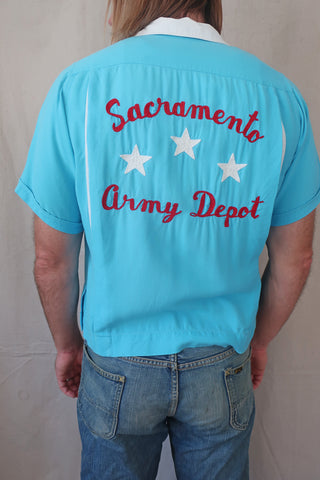 Vintage 60s King Louie Embroidered Bowling Shirt Sacramento Army Depot Medium
