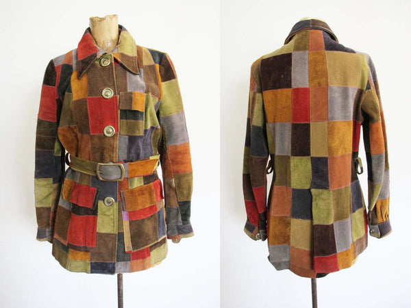 Vintage 60s Leather Patchwork Jacket S - 1960s Colorful Patch Suede Womens Jacket Matching Belt - Bohemian Style Latigo West