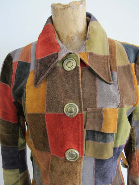 Vintage 60s Leather Patchwork Jacket S - 1960s Colorful Patch Suede Womens Jacket Matching Belt - Bohemian Style Latigo West