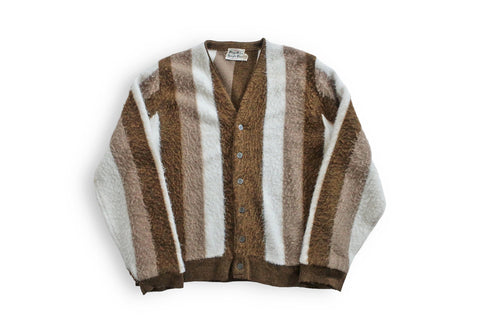 vintage fuzzy cardigan / striped cardigan / 1960s brown striped acrylic mohair fuzzy Kurt Cobain cardigan Medium
