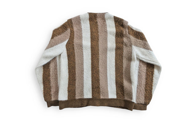 vintage fuzzy cardigan / striped cardigan / 1960s brown striped acrylic mohair fuzzy Kurt Cobain cardigan Medium