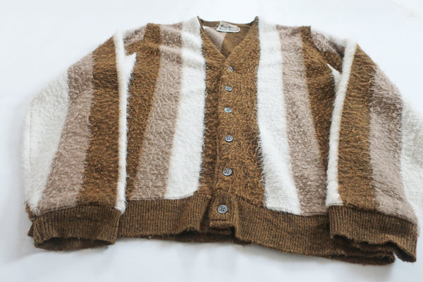 vintage fuzzy cardigan / striped cardigan / 1960s brown striped acrylic mohair fuzzy Kurt Cobain cardigan Medium