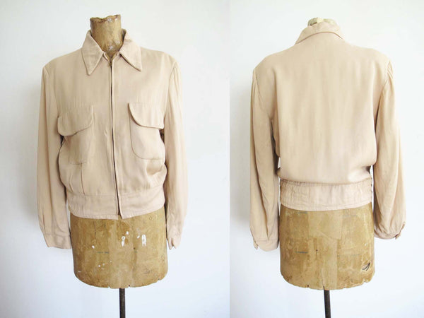 Vintage 40s Womens Gabardine Jacket XS S  - 1940s Beige Tan Rayon Zip Jacket - Novelty Lining