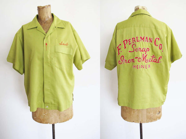 Vintage 50s Chainstitch Bowling Shirt M - 1950s Chartreuse Green Red Embroidered Mens Short Sleeve - Hilton Bowling