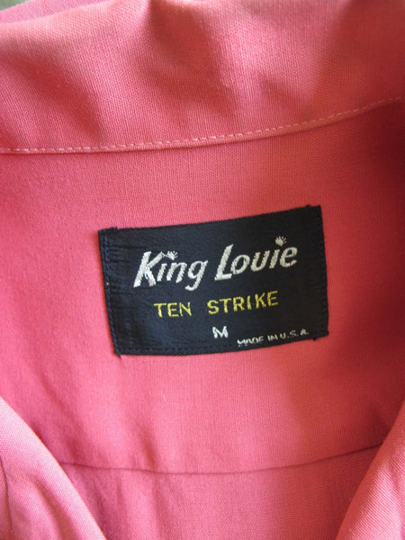 Vintage 50s Gabardine Bowling Shirt M L - 1950s Salmon Pink King Louie Rayon Mens Chainstitch Shirt - Kingsville Texas Nolan Bill