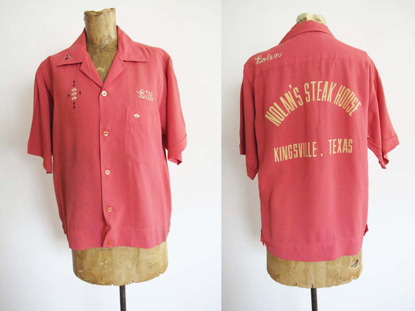 Vintage 50s Gabardine Bowling Shirt M L - 1950s Salmon Pink King Louie Rayon Mens Chainstitch Shirt - Kingsville Texas Nolan Bill