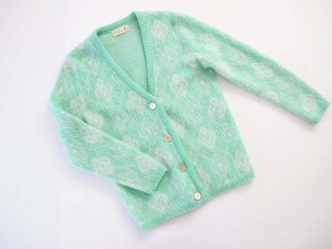 Vintage 60s Womens Mohair Cardigan XS S - 1960s Seafoam GreenWhite Diamond Argyle Shaggy Preppy Retro Sweater