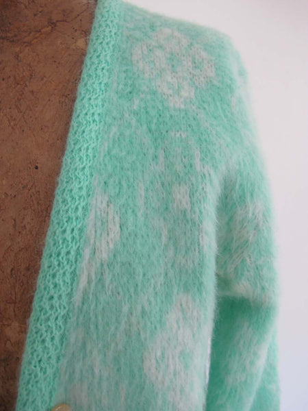 Vintage 60s Womens Mohair Cardigan XS S - 1960s Seafoam GreenWhite Diamond Argyle Shaggy Preppy Retro Sweater