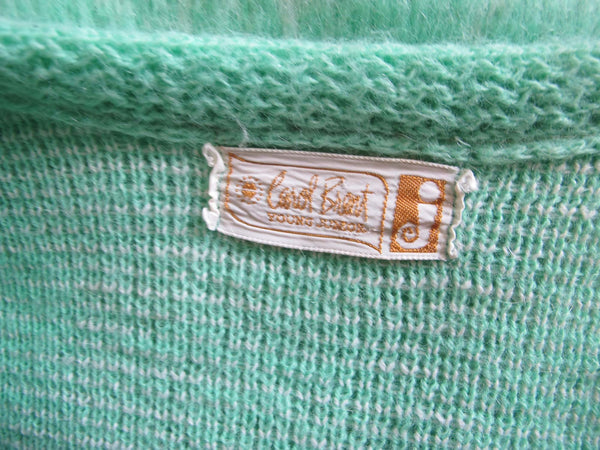 Vintage 60s Womens Mohair Cardigan XS S - 1960s Seafoam GreenWhite Diamond Argyle Shaggy Preppy Retro Sweater