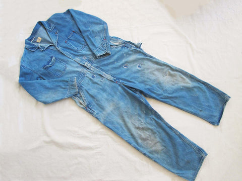 Vintage 70s Mens Denim Coveralls Large - 1970s Big Ben Wrangler Worn In Faded Patched Utility Jumpsuit
