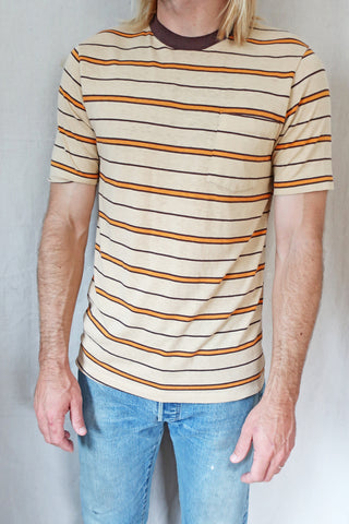 70s Orange Striped Pocket T Shirt Medium