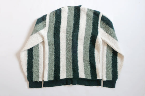 60s Green Striped Fuzzy Acrylic Mohair Cardigan Medium