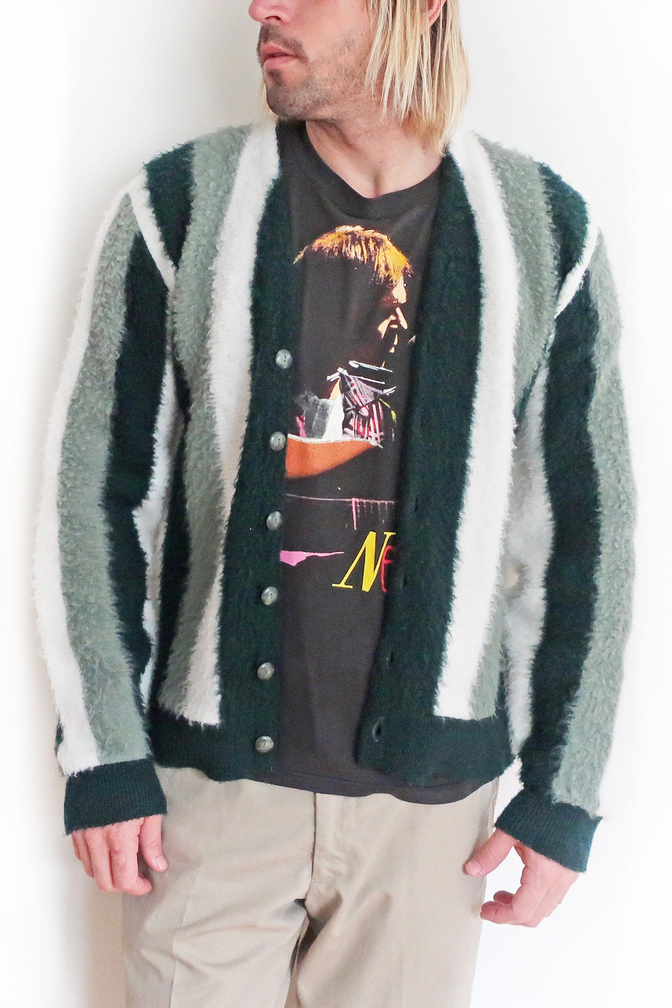 60s Green Striped Fuzzy Acrylic Mohair Cardigan Medium – Thrift